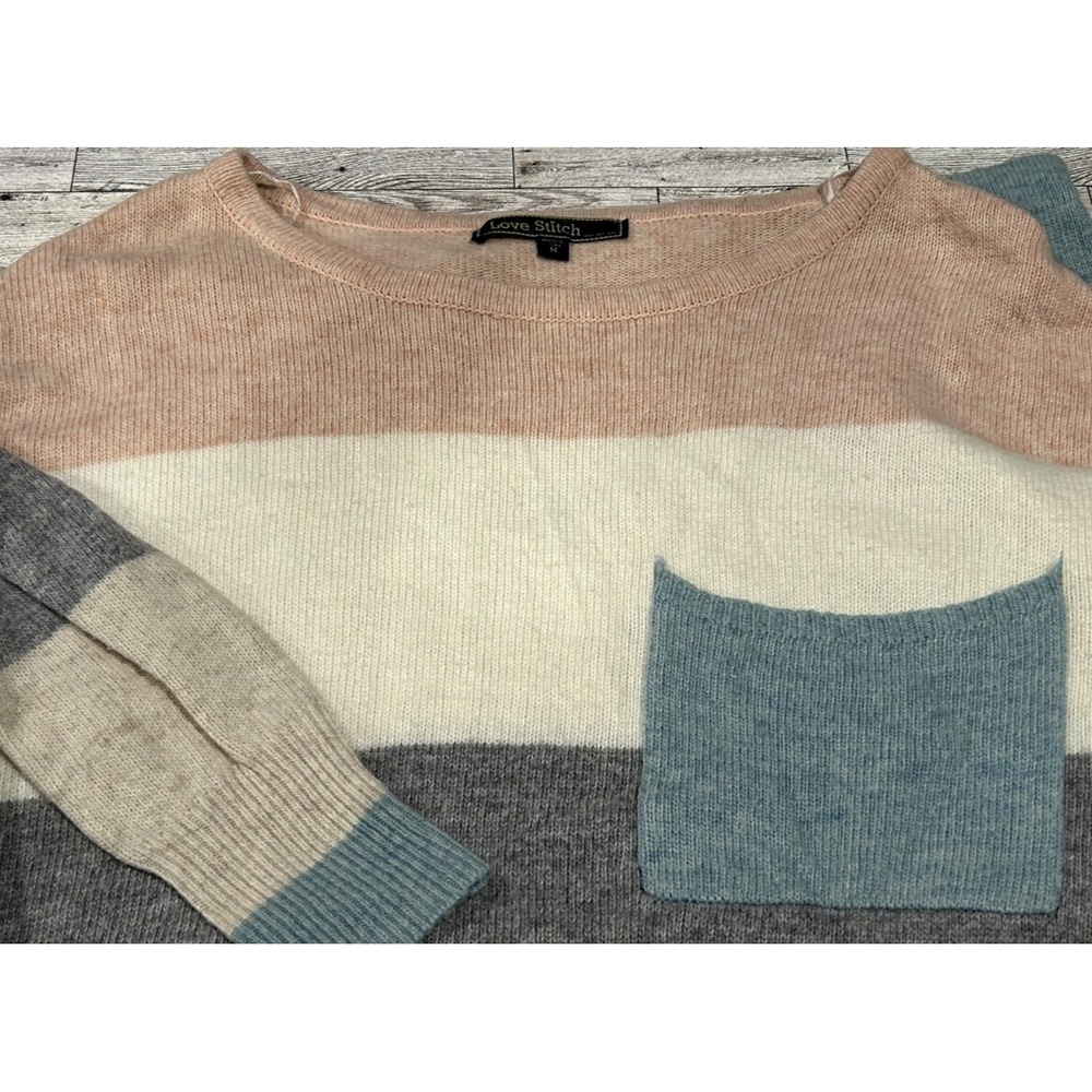 Women's Love Stitch Sweater Multicolor Pink White Blue Stripe Long Sleeve MEDIUM
